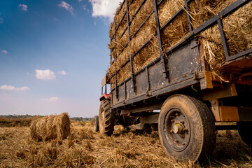 a side view of a tractor loaded with hay  image taken from a beautiful farm in wayanad india,...