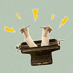 Contemporray art collage. Vintage design. Two hands sticking out retro typewriter, creating text,...