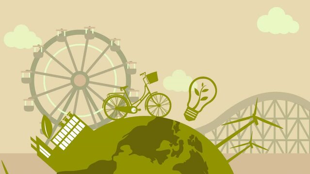 Animation of green globe over amusement park