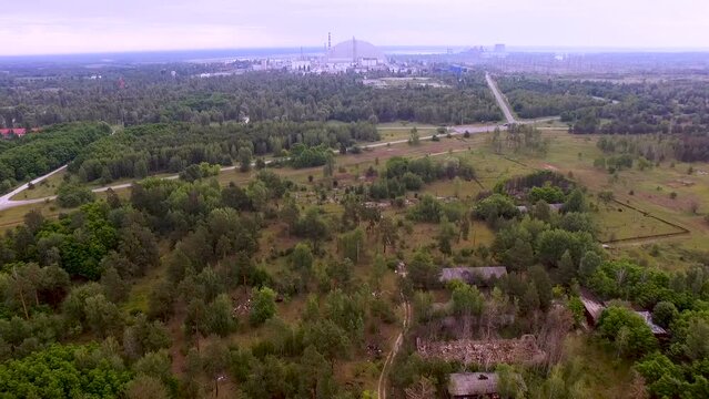 Flight over the radioactive red forest near the Chernobyl nuclear power plant