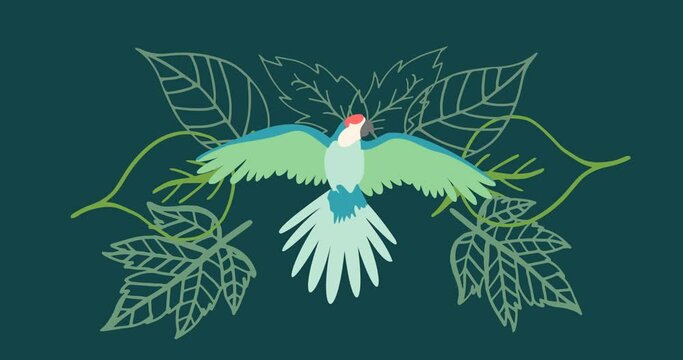 Animation of parrot over leaves on green background