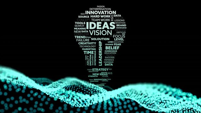 Animation of lightbulb made of business texts over moving spots on black background