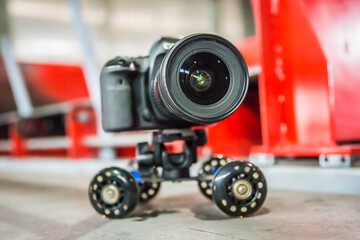 DSLR camera on mini table desktop rail wheel system