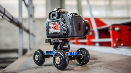 DSLR camera on mini table desktop rail wheel system