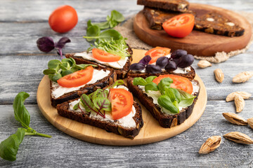 Fototapeta na wymiar Grain rye bread sandwiches with cream cheese, tomatoes and microgreen on gray. side view.