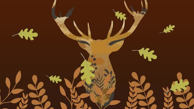 Animation of leaves over deer and leaves on red background