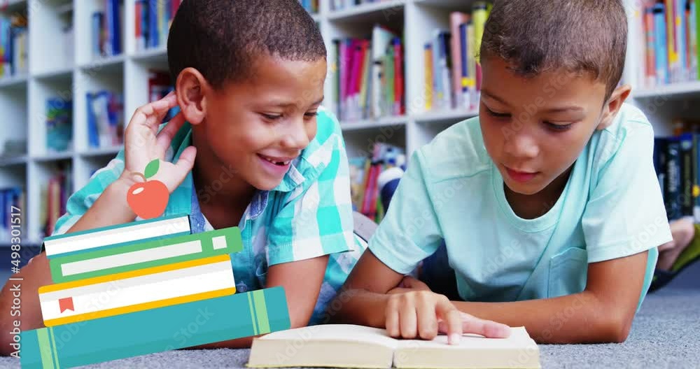 Poster Animation of books moving over happy schoolboys reading book at school