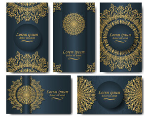 Set of five gorgeous gold mandala patterns. Vector ethnic ornament on a blue background. Oriental pattern in postcards, labels, posters, invitations, packages. Luxury in your design