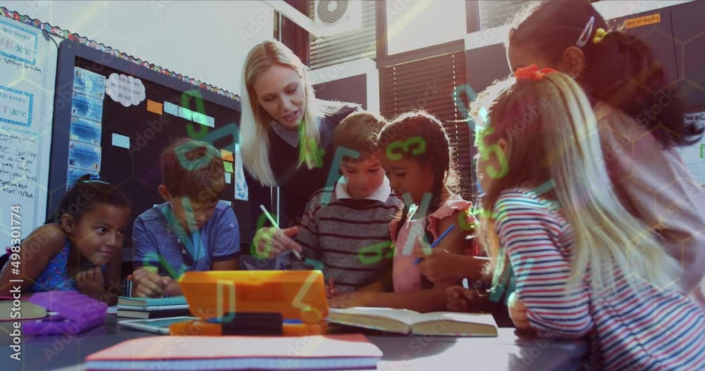 Poster Animation of letters moving over female teacher and happy school children