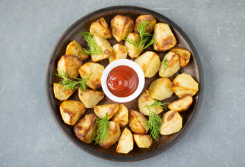 Potato wedges with dill. Delicious baked potatoes with dill and ketchup on a plate, close-up