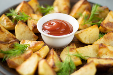 Delicious baked potatoes with dill and ketchup on a plate, close-up