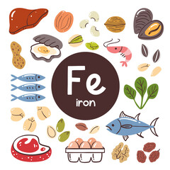Food products rich in Iron. Cooking ingredients. Meat, vegetables, nuts, legumes, seeds, seafood.