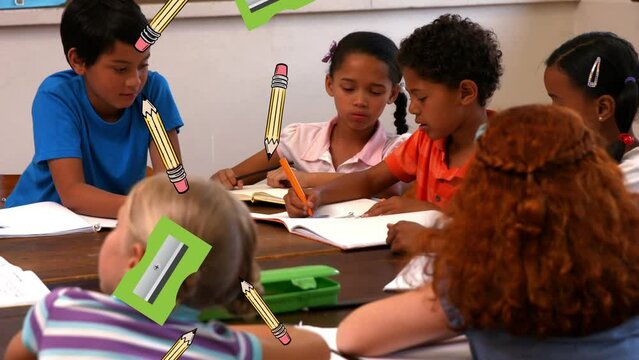 Animation off falling school supplies over diverse schoolkids in class at school