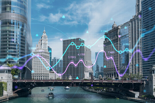 Panorama cityscape of Chicago downtown and Riverwalk, boardwalk with bridges at day time, Illinois, USA. Forex graph hologram. The concept of internet trading, brokerage and fundamental analysis
