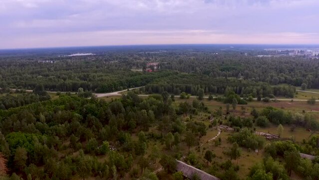 Aerial view. Flight over the radioactive forest near the Chernobyl nuclear power plant