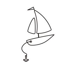 Sailboat with anchor doodle icon. Clipart image isolated on white background