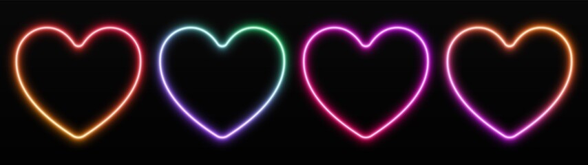 Gradient neon heart frames set. Glowing borders isolated on a dark background. Colorful night banner, vector light effect. Bright illuminated shape. Valentine s Day decoration