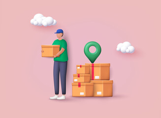 Delivery man and boxes.  Courier or delivery service. Men characters with parcels packages boxes. 3D Vector Illustrations.