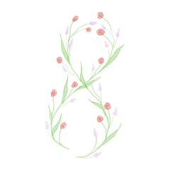 Cartoon pastel green number eight with flowers on white background
