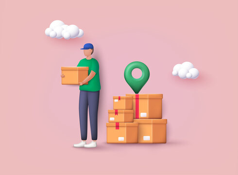 Delivery man and boxes.  Courier or delivery service. Men characters with parcels packages boxes. 3D Vector Illustrations.