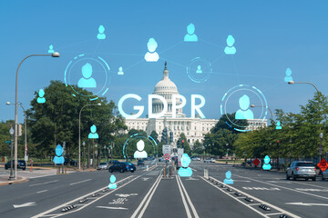 Capitol dome building exterior, Washington DC, USA. Home of Congress and Capitol Hill. American political system. GDPR hologram, concept of data protection regulation and privacy for all individuals