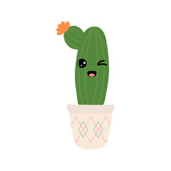 Cactus plant in pot with cute face. Indoor plant in a flat style. Vector illustration.
