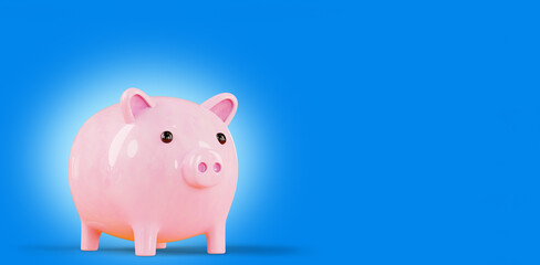 Piggy bank, on a blue background. 3d render. Concept of saving money, banner. Pink shiny piggy bank, copy space
