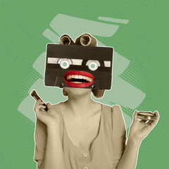 Contemporary art collage. Woman with retro cassete head and hair curlers doing makeup isolated over...