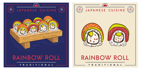 Rainbow roll - Japanese uramaki sushi food filled with cucumber, avocado and crab.