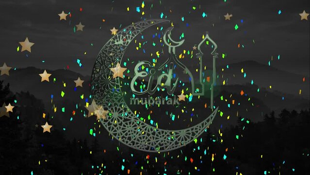 Animation of eid mubarak logo and text over falling stars