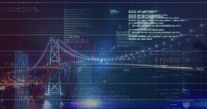 Statistical data processing over grid network against view of cityscape at night - Powered by Adobe