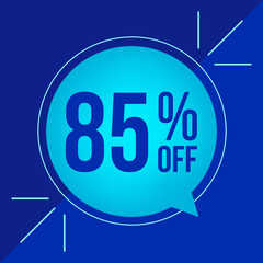 85% off, discount for big sales. Cyan balloon on blue background