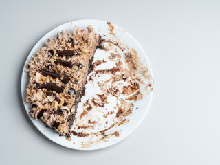 Half a piece of cake on a dirty plate. Saving concept
