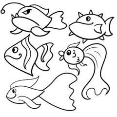Monochrome illustration, coloring book. Set of cartoon fish with various shapes, underwater world