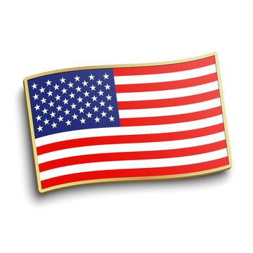 American Flag Golden Lapel Pin Isolated On White Background. USA Flag Button Badge Vector Illustration.