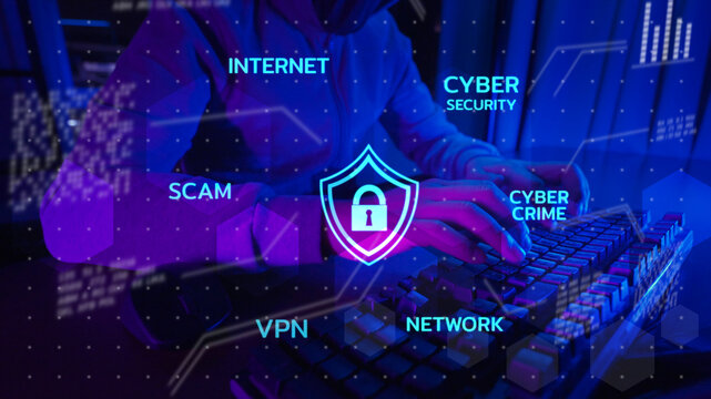 Secure payment online digital wallet, mobile wallet safety, business man with computer VPN virtual private network internet cyber security cyber crime protection.