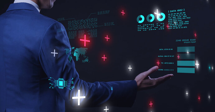 VR virtual reality metaverse office work meeting conference, business man global finance data analytics mix reality 3D presentation - Powered by Adobe