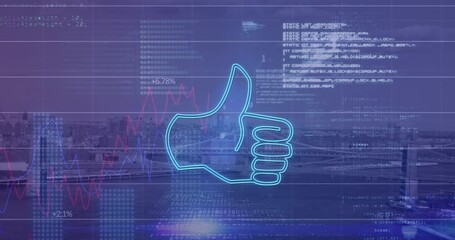 Neon like icon and data processing against cityscape at night - Powered by Adobe