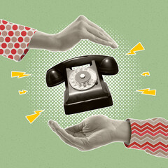 Contemporary art collage. Human hands holding retro vintage phone isolated over green background. © master1305
