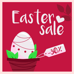 Happy Easter sale banner with egg illustration and leaves on red background