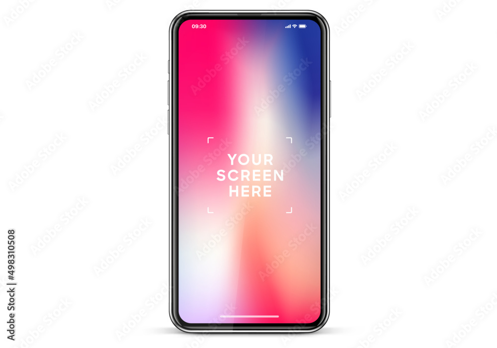 Poster Realistic black color smartphone mockup isolated with wallpaper screen. Smart phone mockup collection. Device front view. 3D mobile phones with shadow and white background.