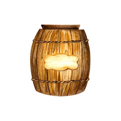 Wooden barrel. For wine, mead, beer. Isolate on white background. Watercolor illustration. for design solutions.