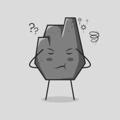 cute stone cartoon with thinking expression, close eyes and two hands on head. grey. suitable for emoticon, logo, mascot and symbol
