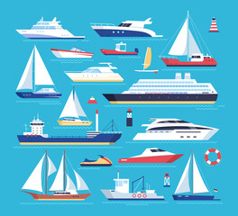 Maritime ships. Vector icon set of ship at sea, sail boats, scooter, speedboat, yacht, passenger liner, sailboat, cruiser and cargo ships. Water ocean transport boat in flat style. Sea marine travel 
