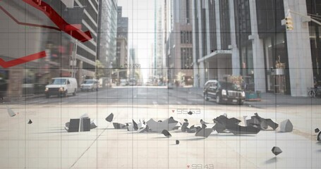 Video of financial american dollar symbol crushing and red lines with data processing over street - Powered by Adobe