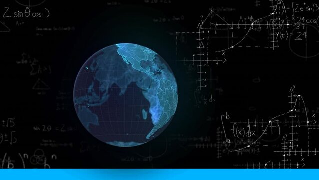 Animation of globe over mathematical equations on black background