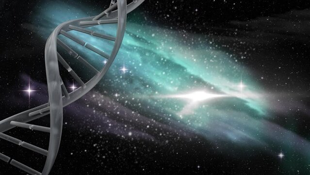 Digital animation of dna structure spinning against shining stars in the space