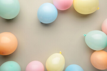 Birthday background with colorful balloons, top view