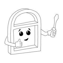 Window with a screwdriver in hand. Outline on a white background cartoon hand drawn illustration on a white background