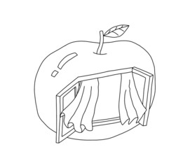 Window with curtains located in red apple. Outline on a white background cartoon hand drawn illustration on a white background